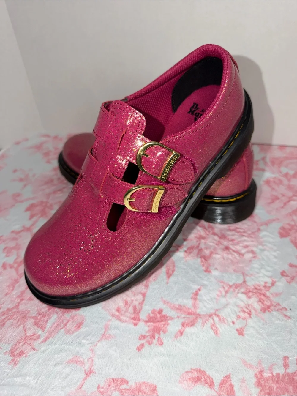 Dr. Martens Kids Glitter Mary Jane Shoes in Hot Pink
